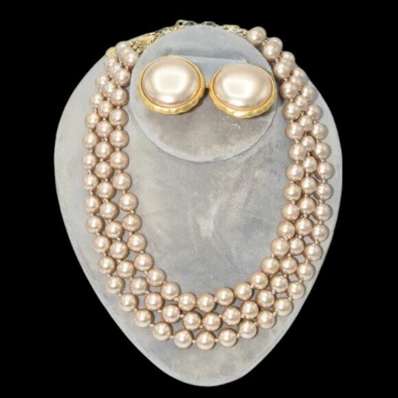 Vintage Richelleu Triple Strand Faux Pearl Necklace & Earring Set - Picture 1 of 8